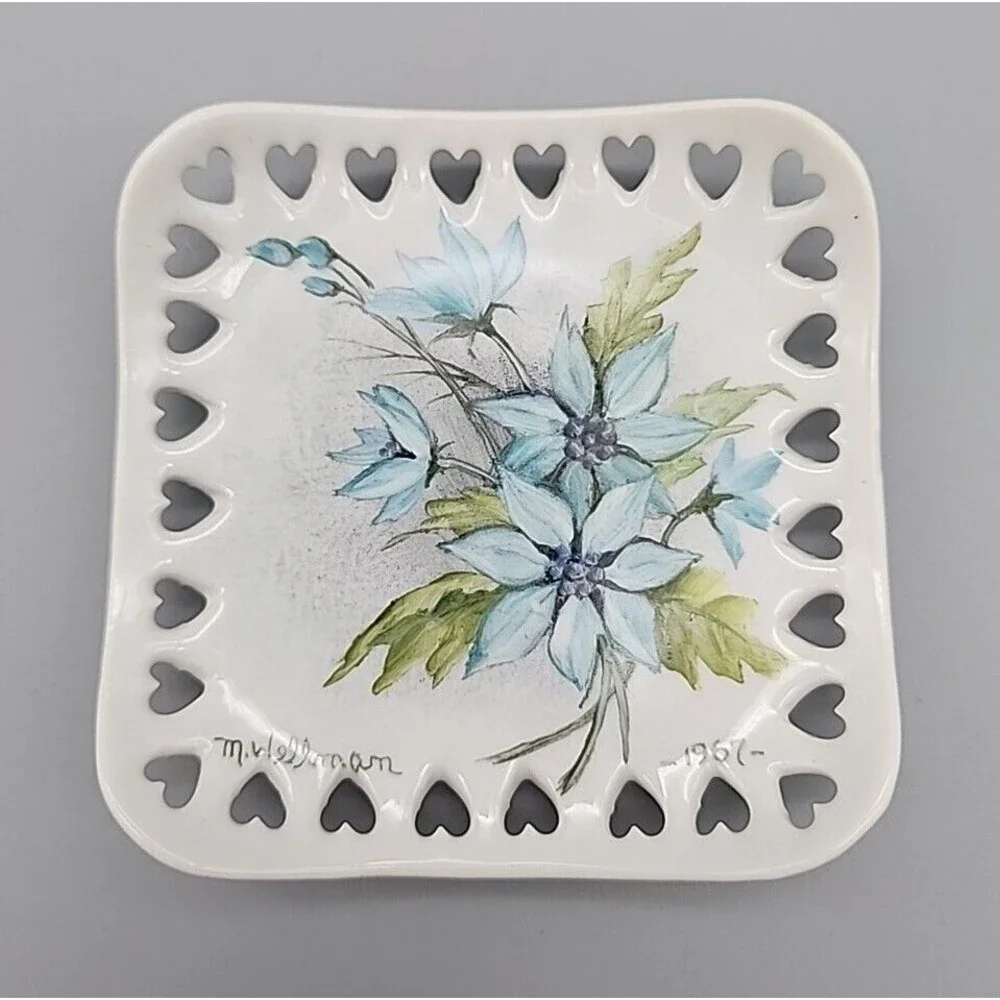 VTG Hand Painted Blue Floral Porcelain Square Dish Heart Cutouts 1967 Original